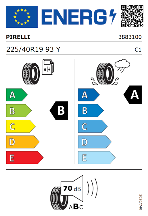 Tyre Label for Pirelli Powergy 225/40R19 93Y