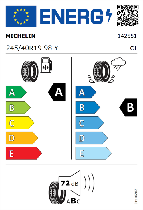 Tyre Label for Michelin Pilot Sport 4 245/40R19 98Y
