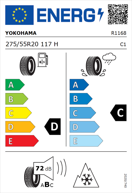 Tyre Label for Yokohama Geolandar-G015 275/55R20 117H