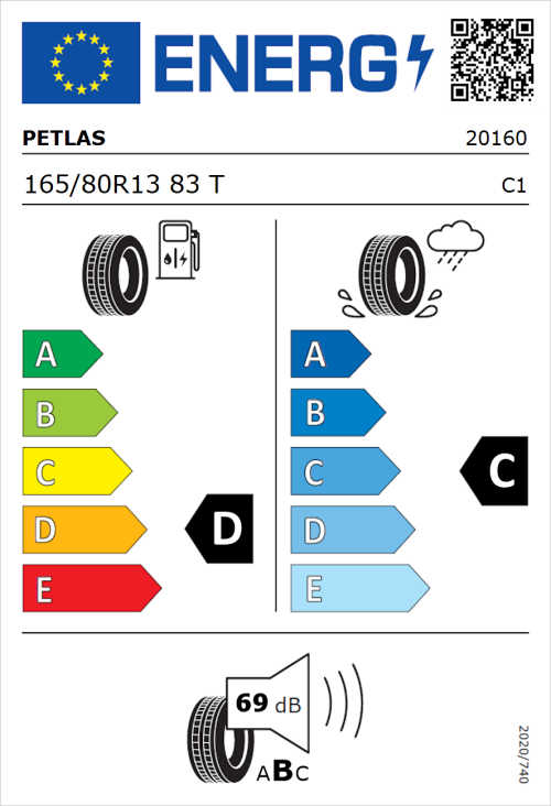 Tyre Label for Petlas Elegant PT311 165/80R13 83T