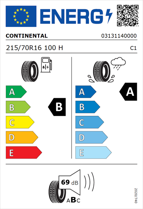 Tyre Label for Continental UltraContact 215/70R16 100H
