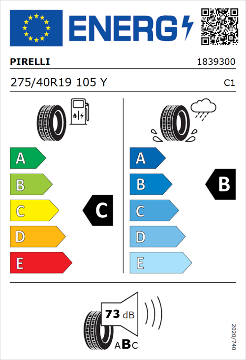 Tyre Label for Pirelli P Zero Rosso Asimmetrico 275/40R19 105Y