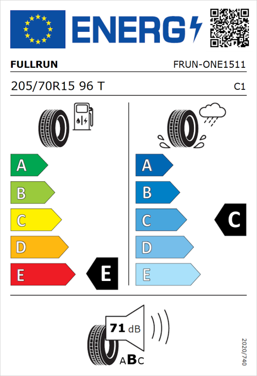 Tyre Label for Fullrun Frun-One 205/70R15 96T