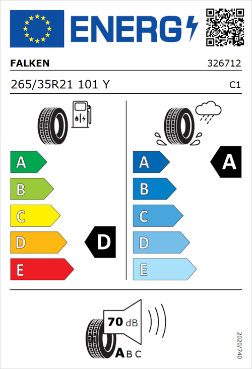Tyre Label for Falken Azenis FK510 265/35R21 101Y